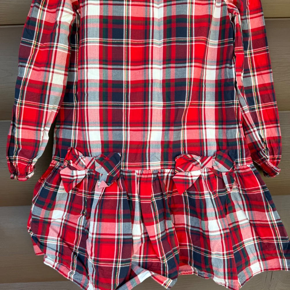 Janie and Jack Plaid Dress Kids Size 6 Red Holiday Peter Pan Collar Bows - Picture 2 of 6